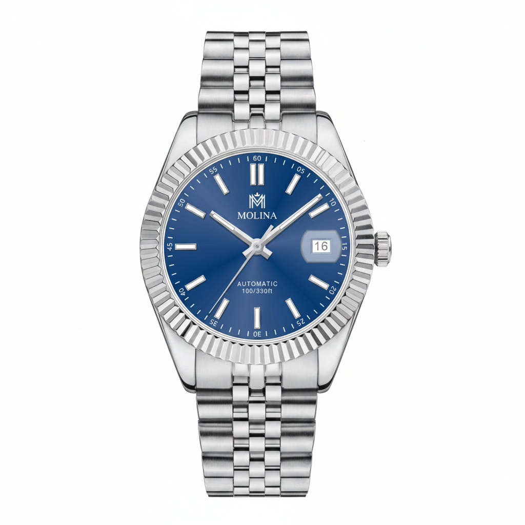 MOLINA Datejust 40 reloj automático acero 316L esfera azul fondo blanco